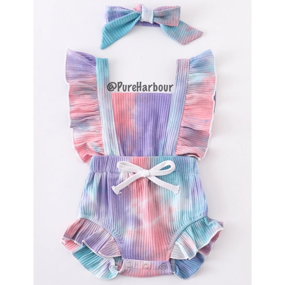 Tie dye flutter baby romper with bow